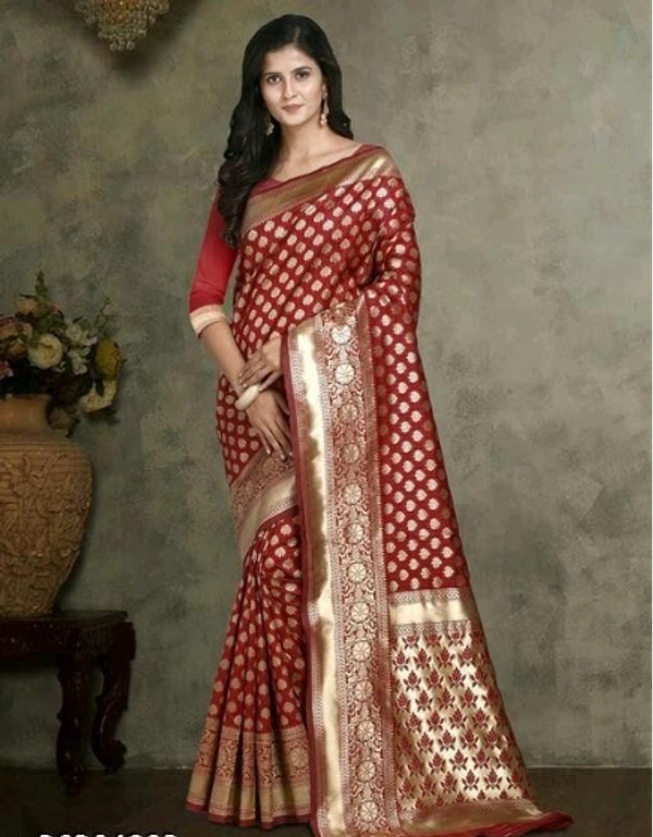 ABHISARIKA Banarsi Silk Maroon Color Golden Border Saree With Banarsi Silk Bllouse Piece - Free Size, Maroon, Banarasi Silk, Pack of1